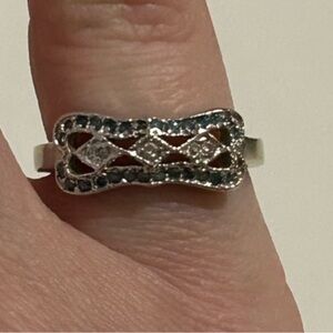 Antique white gold ring with diamonds + sapphires - Edwardian Era, pre Art Deco